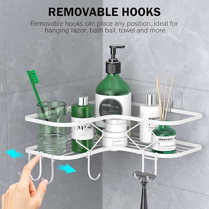 Large Corner Shower Caddy Shelf, 2 Pack Adhesive Bathroom Shower Organizer Shelves, No Drilling Rustproof Wall Mounted Shower Storage Basket Shampoo Holder Organizer (White)