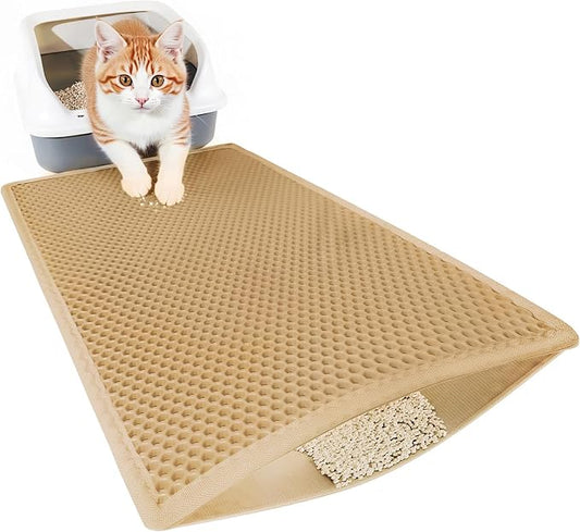 24''x 14.9''Inch Cat Litter Trapping Mat, Double Layer Waterproof Proof Litter Box mat, Non-Slip Design, Reduces Litter Scatter, Easy to Clean, Beige Cat Litter Mat