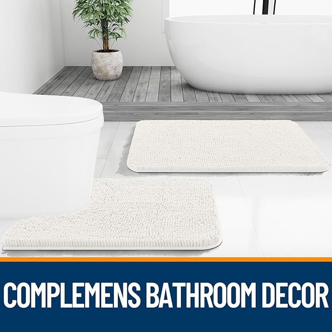 OLANLY Chenille Bathroom Rugs Mats Sets 2 Piece, 30"x20"+24"x20", Ivory | Soft Absorbent Bath Mat and U-Shaped Contour Toilet Rug Set, Quick Dry, Machine Washable Bath Carpet, Home Decor Accessories