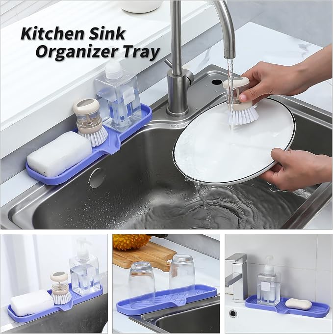MicoYang Silicone Soap Dish with Drain Spout — Self-Draining Double Sink Organizer Tray for Kitchen & Bath, Dispensers, Sponges & Soap Holder, Non-Slip & Dishwasher Safe, Light Purple (Large, 12"×4")