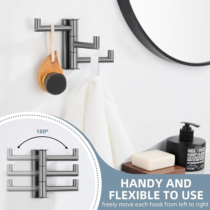 Angle Simple 3 Arms Towel Hook for Bathroom, SUS304 Stainless Steel Swivel Robe Coat Hook Wall Mounted, Foldable Towel Holder, Gunmetal Gray