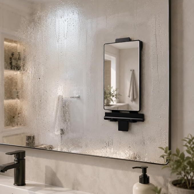 HONEYBULL Fogless Shower Mirror for Shaving with Water Tank, Adhesive Mount | Built in Water Reservoir for Natural Fog Free Effect, Easy Installation, Bonus Squeegee, Razor Holder, 5.5" x 8" Mirror