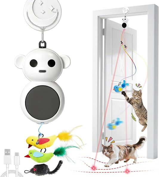 2-in-1 Interactive Laser Pointer Cat Toy & Flying Bird Wand for Indoor Cats | No-Drill Doorway Play with Adjustable Speed, USB Rechargeable, Smart Auto-Pause, Bird & Mouse Attachments