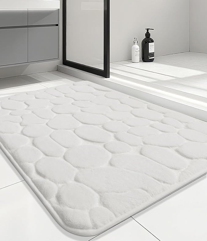 YIHOUSE Bath Mat, Memory Foam, Cobblestone, Bathroom Rugs, 20 x 32, White, Super Water Absorbent, Non-Slip, Machine Washable