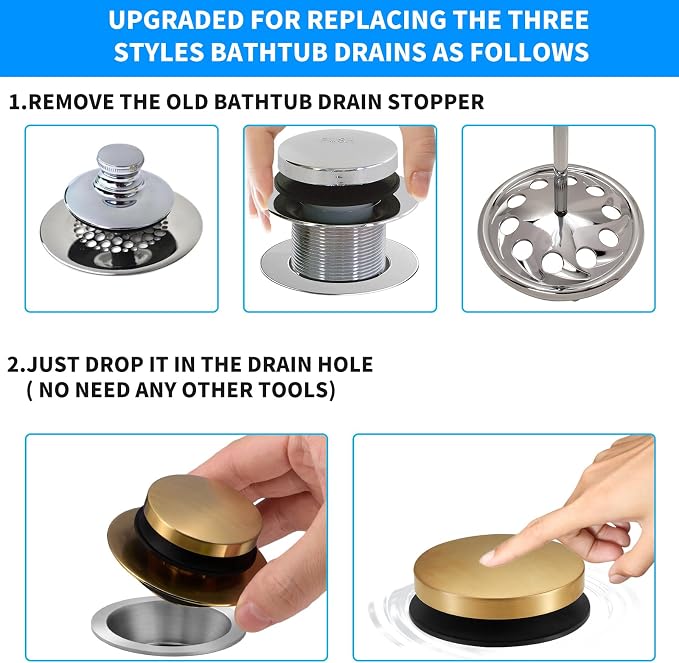 Bathtub Drain Stopper, Uxoz Universal Tub Stopper for Replacing Tip Toe/Trip Lever/Lift&Turn Tub Drain, Bath Tub Drain Stoppers Desiged for 1.5" to1.72 Drain Hole with 3 O-Rings, Black Gold