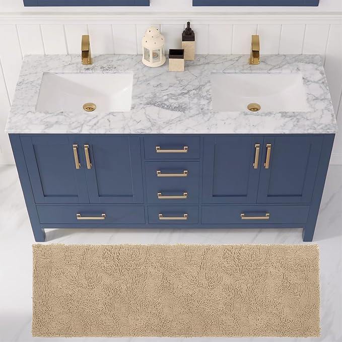 LuxUrux 2-Piece Bathroom Rug Set – Plush Chenille Runner & U-Shaped Toilet Mat, Soft, Absorbent & Non-Slip Design (20x20 U & 27x47 inches, Birch)
