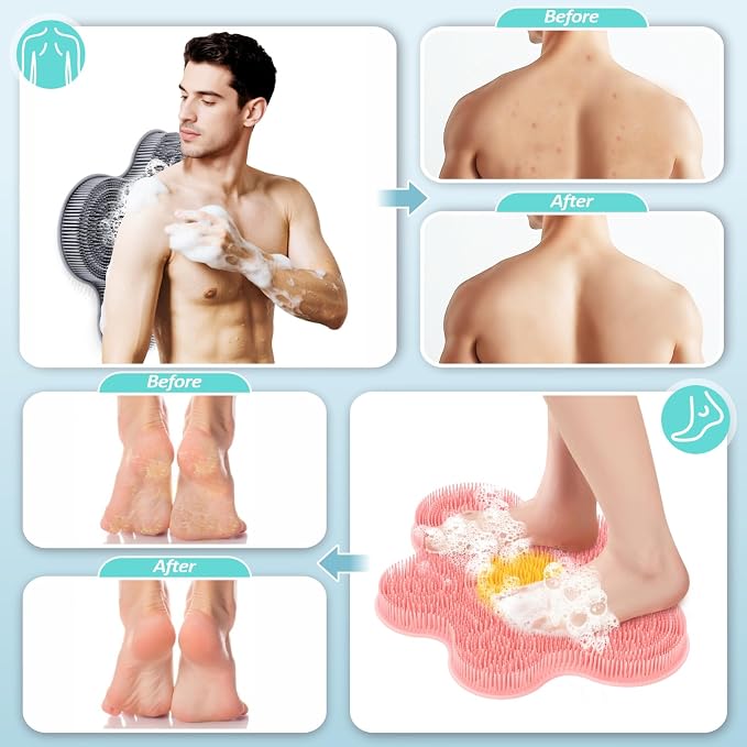 Upgrade Silicone Shower Foot Scrubber Mat & Silicone Body Scrubber Set, Large Wall-Mounted Back Scrubber Back Washer to Clean, Exfoliate and Massage Without Bending(Gray+Body Scrubber)