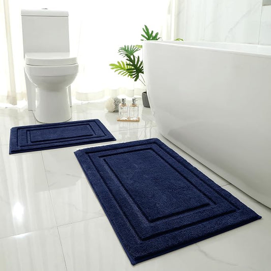 HOMEIDEAS Bathroom Rugs Sets 2 Piece,Soft Non Slip Bath Mat Navy Blue | Ultra Absorbent, Microfiber Machine Washable Bath Rug Set, for Bathroom, Tub, Shower 20" x 32" + 16" x 24"