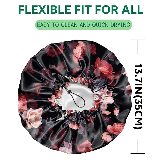 2 PCS Shower Cap Waterproof Double Layer Elastic Adjustable Reusable Hair Bath Caps for Girls Women Cute Aesthetic-Floral 1