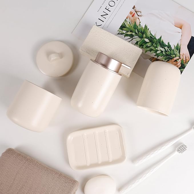 BosilunLife Apricot Ceramic Bathroom Accessories Set of 4 | Bathroom Decor Sets Accessories Bathroom Lotion Soap Dispenser and Toothbrush Holder Set, Soap Dish, Apothecary Jars.(Liquid)