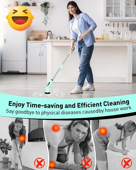 Electric Spin Scrubber for Bathroom, Shower Scrubber with Long Handle | Shower Cleaner Brushes, IPX7 Waterproof & 2 Speed, 8 Brush Heads, 90min Runtime, Bathroom Cleaning Supplies for Toilet Tub