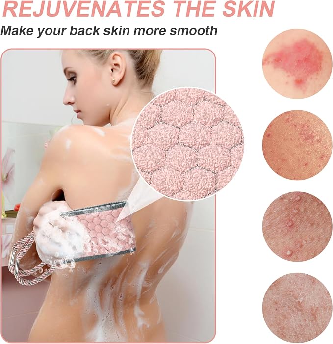38 Inch Exfoliating Back Scrubber for Shower, Back Washer, Pink | Dual Handles Long Bath Exfoliator, Full Back Coverage without Straining, Dual-Sided for Deeper Cleansing, Men & Women Acne