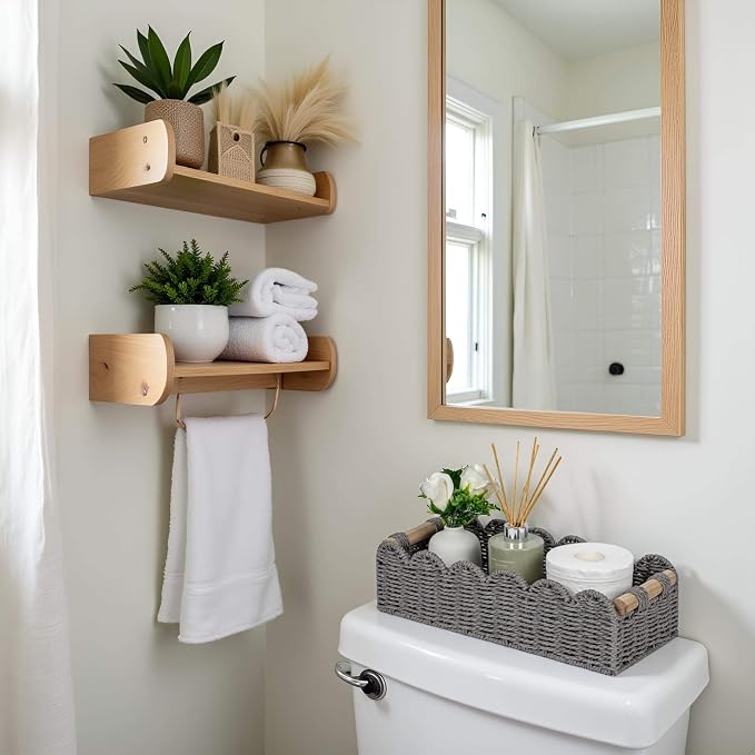 CubesLand Bathroom Basket Organizer, Toilet Tank Paper Storage Baskets 2-Pack, Scalloped Decorative Basket for Countertop w/Handle, Wicker Basket for Bathroom Decor, Home Decor, Living Room, Grey