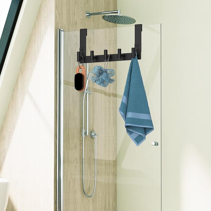 WUIVIUT Over The Shower Wall Hook, Shower Glass Door Hook Frameless fit for 3/8" (10mm) Thick, Towel Hold for Bathroom,Coat Hooks for Robe (T Shape, 5 Hook)