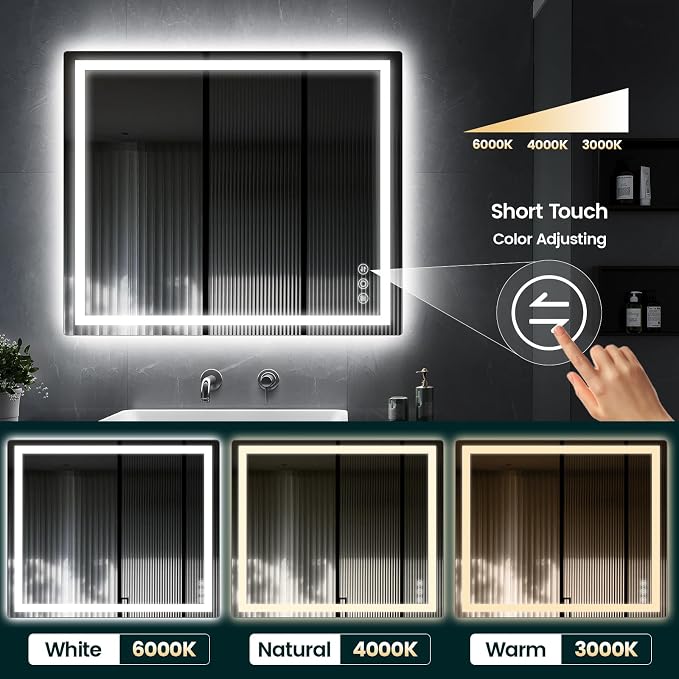 Memobarco 30" x 36" LED Bathroom Mirror with Lights, Memory Vanity Mirror | Anti-Fog, 3 Color Modes, Dimmable, Front Lit, Memory Function, Tempered Glass, Lighted Bathroom Mirror for Wall