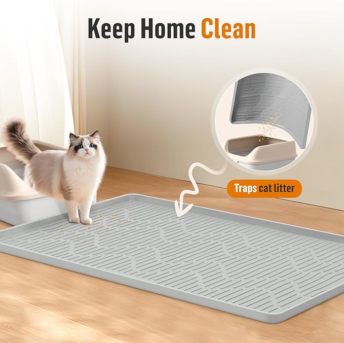 Silicone Cat Litter Box Mat 32"x 22" Extra Large Cat Rubber Mat | Cat Mat for Litter Box, Non-Slip, Waterproof Cat Litter Trapping Mat with Raised Edge, Kitty Litter Mat for Floor, Easy Clean