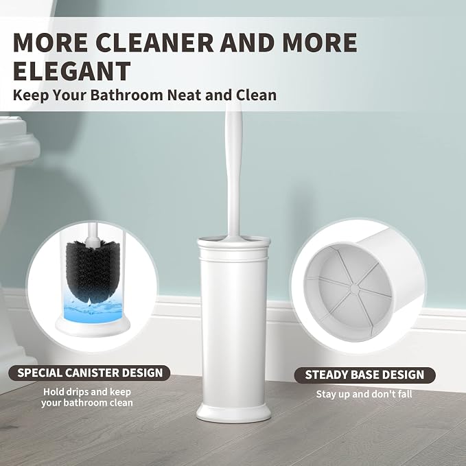 Toilet Brush, Toilet Bowl Brush with Extra Long Handle Durable Bristles Toilet Scrubber and Covered Holder for Toilet Brush Set for Bathroom Cleaning (White, 1 Set)