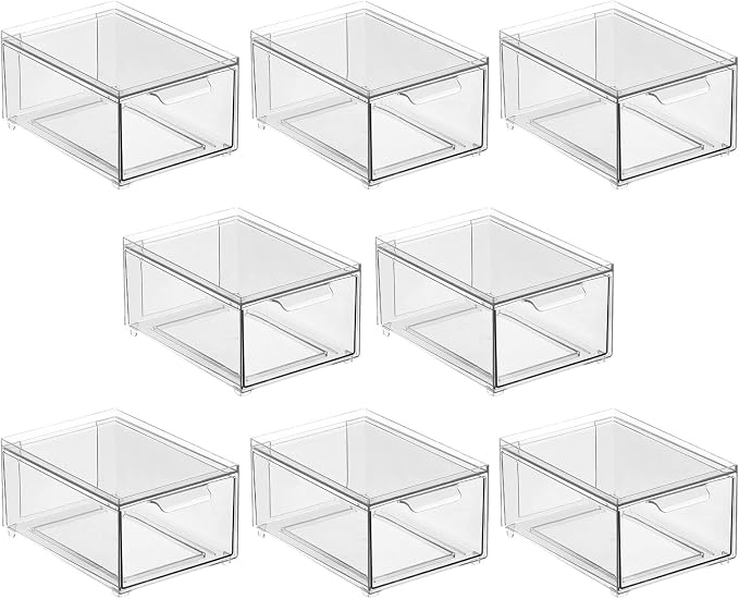 mDesign Plastic Bathroom Organizer Bin w/Pull Out Drawer - Slim Stackable Storage Container for Bathroom Accessories - Perfect for Organizing Bathroom Cabinet - Lumiere Collection - 8 Pack - Clear