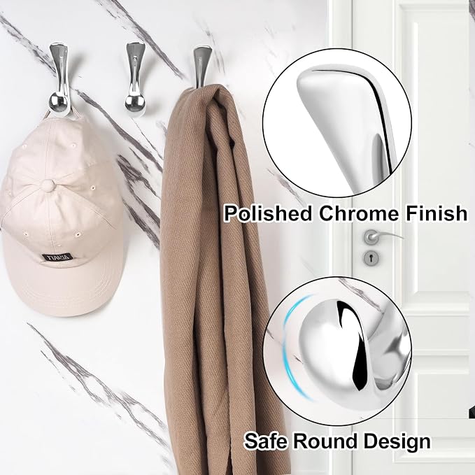 4 Pack Towel Hooks for Bathrooms Wall Mounted, Polished Chrome Bathroom Hooks for Towels, Robe & Towel Hook for Wall, Modern Bath Towel Hook