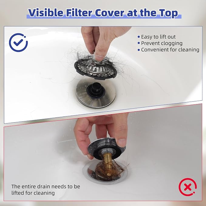 2PCS Universal Metal Bathtub Drain Stopper Top Hair Catcher, Brushed Nickel | Shower Drain Tub Stopper with Stainless Steel Visible Filter Basket, Upgraded 3 in 1 Pop-up Drain Plug for 1.5 to 2.4" Hole