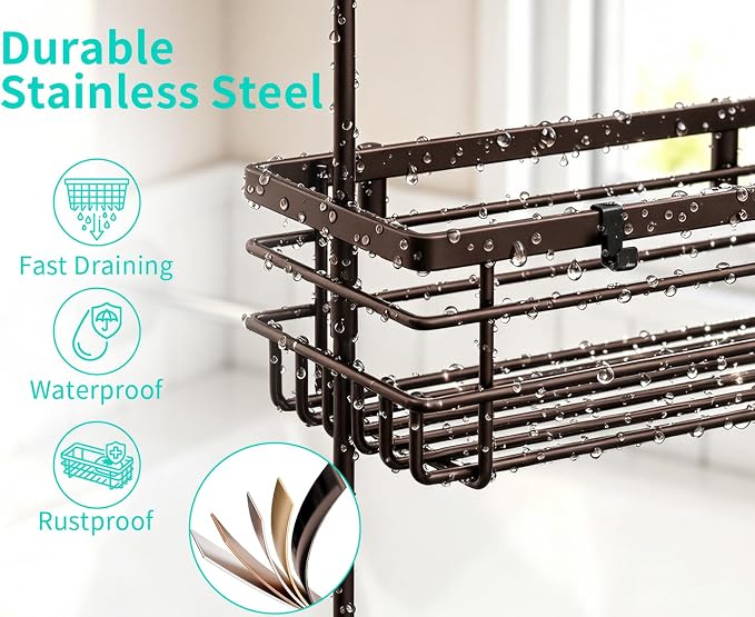 HapiRm Hanging Shower Caddy Organizer - No Drilling Shower Shelves with Hooks and Toothbrush Holder, Rustproof 304 Stainless Steel Bathroom Organizer - Bronze