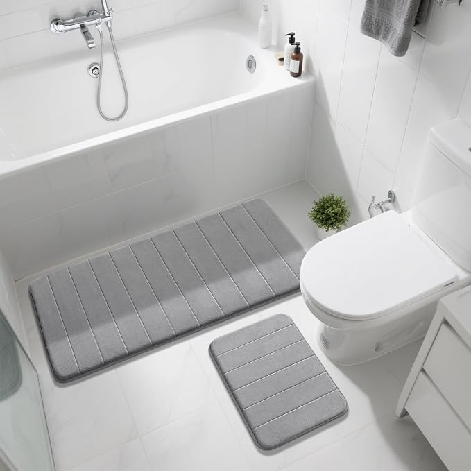 Yimobra Large Bath Mat Set 2 Piece- Super Soft Absorbent Quick Dry Memory Foam Bathroom Rugs, Machine Washable Non Slip Floor Carpet for Tub Shower & Double Vanity (17x24 & 44x24, Gray)