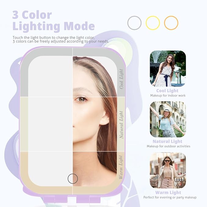 Travel Makeup Mirror, Portable Rechargeable Mirror with Lights | USB-Rechargeable, 3 Color LED Lighting, Adjustable Brightness, 7.9x5.4 inch, 1200mAh Battery, Gift for Women and Girls,Purple