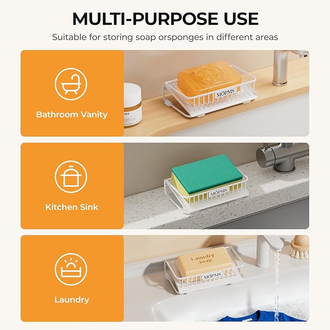 MOPMS Self Draining Soap Dish, Carbon Steel Bar Soap Holder for Shower | Waterfall Design Soap Saver for Bathroom, Kitchen Sink and Countertop, Sponges, Dispensers, White