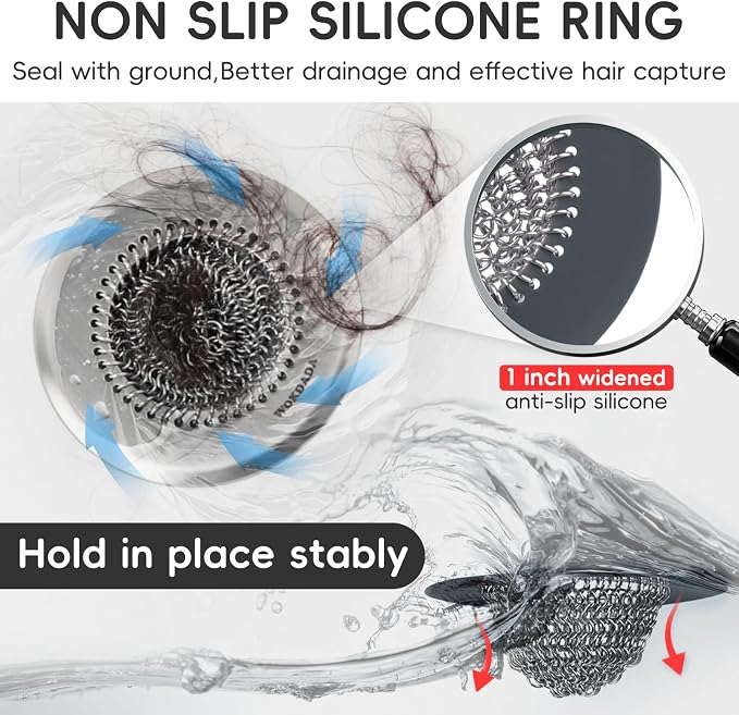 Bathtub Drain Hair Catcher, Wokdada Fast Drainage Shower Drain Hair Catcher, Reversible 304 Stainless Steel Drain Protector with Silicone Stopper for Bathroom