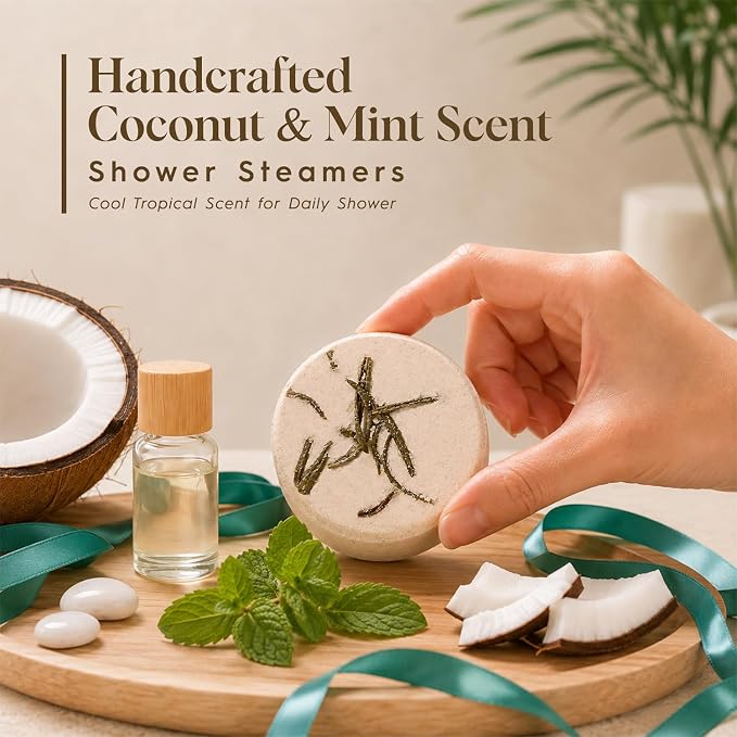 SWCANDY Coconut & Mint Shower Steamers 8 Pack, Home Spa Self Care | Fresh tropical aromatherapy with natural essential oils, shower gift for women, men, wife & husband.