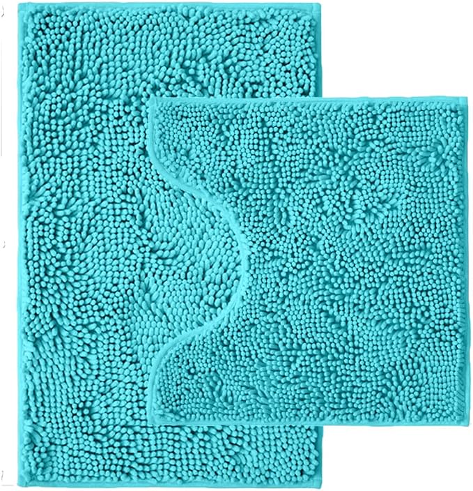 Bathroom Rugs Sets 2 Piece,Super Absorbent Chenille Bath Mats and U-Shaped Toilet Rug,Strong PVC Non Slip Backing,Microfiber Washable Dry Quickly Bath Mats for Bathroom(20"x32"+20"x20"U, Light Blue)
