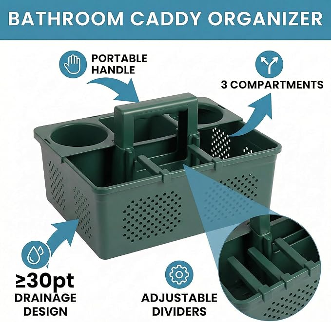 KMV Dorm Room Portable Shower Caddy with Adjustable Compartments - Ventilated Drainage Design with Handles, Perfect Toiletries Organizer for College Dorms-green