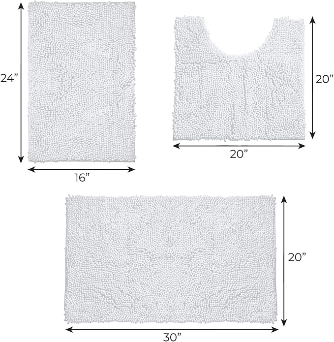 LuxUrux 3-Piece Bathroom Rug Set – Plush Chenille Bath Mats & U-Shaped Toilet Mat, Ultra-Soft, Absorbent & Non-Slip (20x20 U, 16x24 & 20x30 inches, White)