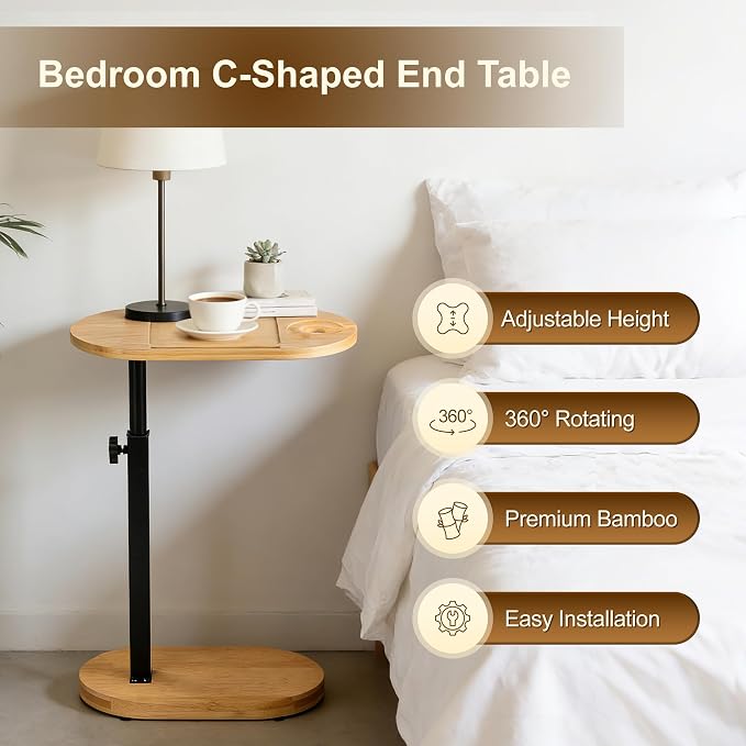 Bamboo Bathtub Side Table, 360° Swivel Height Adjustable Freestanding Bath Caddy Tray Organizer with 5 Storage, Luxury Home Spa Bathroom Essential (Natural)