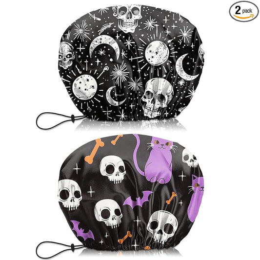 2 PCS Shower Cap Waterproof Double Layer Elastic Adjustable Reusable Hair Bath Caps for Girls Women Cute Aesthetic-Skull Cat