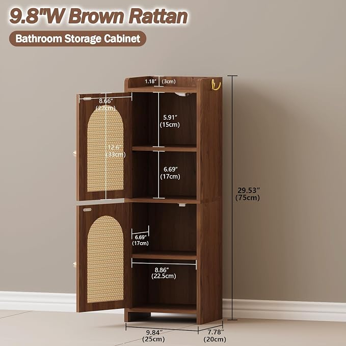 Rattan Bathroom Storage Cabinet,Corner Floor Cabinet with 2 Doors and Adjustable Shelf, Narrow Toilet Paper Cabinets with 2Hooks,Toilet Organizer for Small Spaces,7.87"D*9.84"W*29.72"H （Brown）
