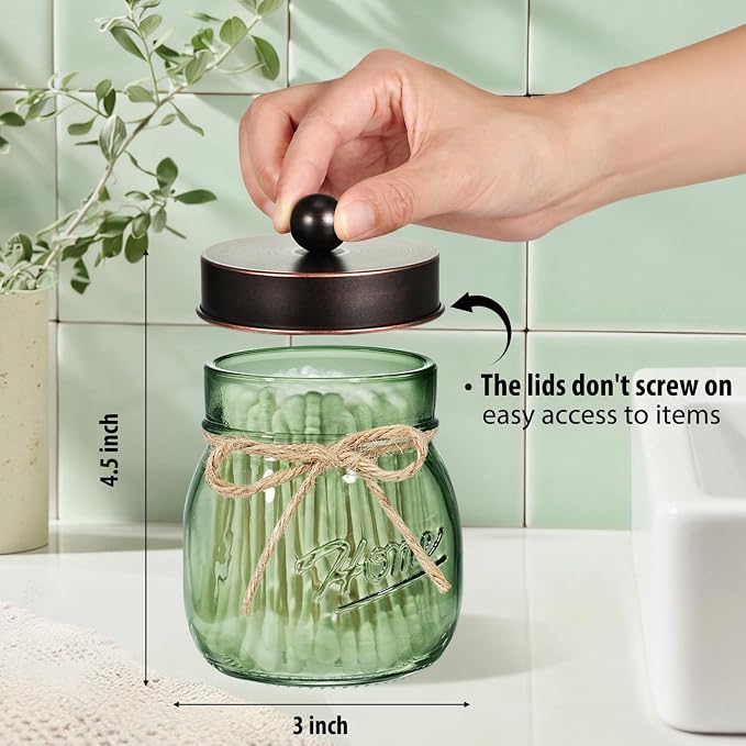 SheeChung 2 Pack Green Glass Mason Jar Qtip Holder Dispenser with ORB Lids | Apothecary Jar Canisters Set,Stainless Steel Lids,Small Bathroom Jars,Vanity Storage Organizer for Cotton Swab,Ball,Pad,Floss