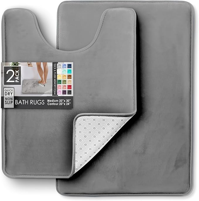 Clara Clark 2 Piece Bathroom Rugs, Velvet Memory Foam Bath Mat Set, Non-Slip Bath Rugs, Machine Wash, Dries Quickly, Ultra Soft Plush Bath Mats for Bathroom, 20 x 32 + Contour, Grey