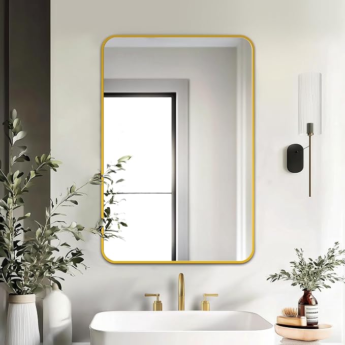 Delma Bathroom Vanity Mirror, Gold Framed Mirror for Over Sink, 30x20 | HD glass, distortion-free for makeup and grooming, Sturdy frame, all mounting hardware, hangs horizontal or vertical