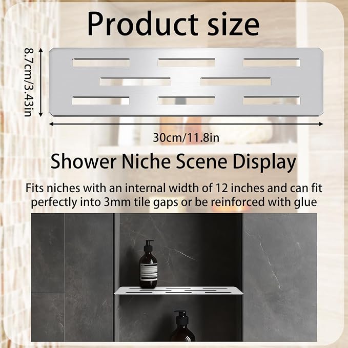 Rectangular Shower Niche Shelf for 12 Inch Tile, Tile Ready Niche Insert with Brushed 316 Stainless Steel, Fits 1/8 Inch Grout Lines, Recessed Shower Shelf