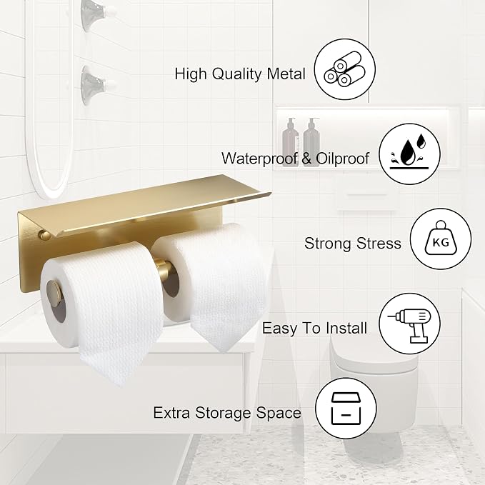 Brushed Gold Toilet Paper Roll Holder with Shelf Wall Mounted for Bathroom (Brushed Gold, Double Head)