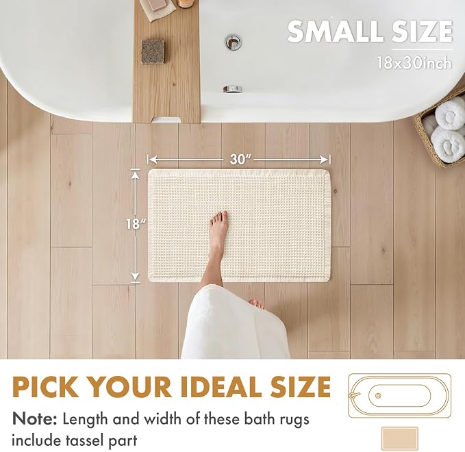 MIULEE Set of 2 Waffle Bathroom Rugs Boho Bath Mat Cream White 18x30 Inch | Non Slip, Super Absorbent, Washable, Ultra Soft, Rubber Backed Bath Rugs for Bathroom Floor Tub Shower