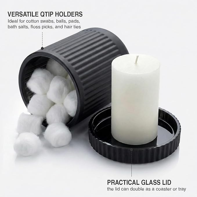 2 Pack Qtip Holder - Apothecary Jars with Lids, Bathroom Organizers and Storage Canister for Cotton Balls,Swabs,Floss Picks,Hair Ties,Clear Glass Vintage Bathroom Decor Jar Set (Black)