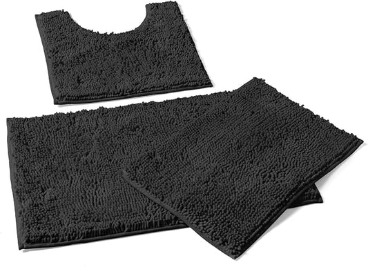 LuxUrux 3-Piece Bathroom Rug Set – Plush Chenille Bath Mats & U-Shaped Toilet Mat, Ultra-Soft, Absorbent & Non-Slip (20x20 U, 16x24 & 20x30 inches, Black)