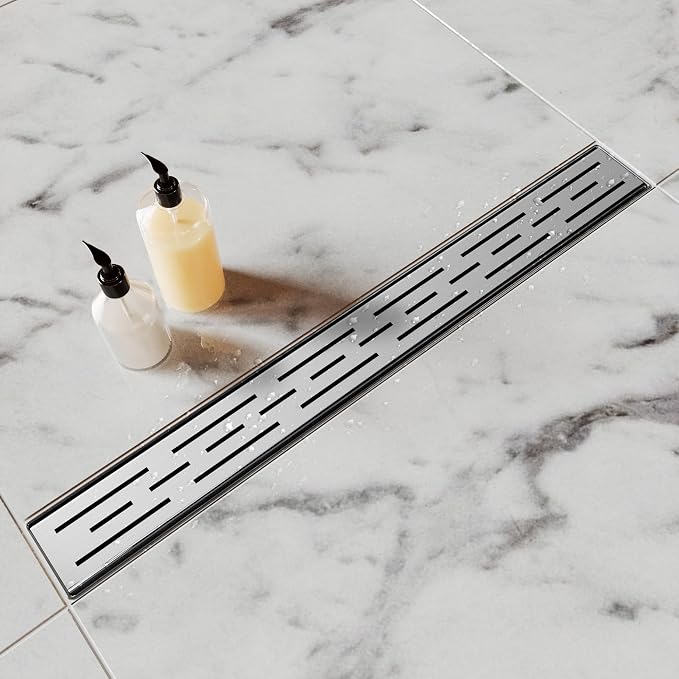 Shower Drain Stainless Steel for Bathroom: Brushed Nickel Linear Shower Drain 18 Inch with Removable Brick Pattern Grate - Adjustable Rectangular Shower Floor Drain with Hair Strainer