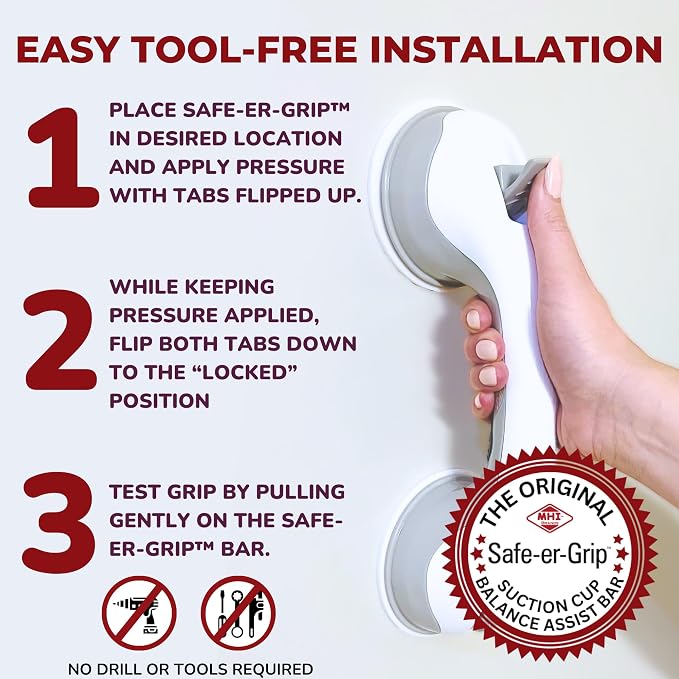 Safe-er-Grip Safe-er-Grip Changing Lifestyles Suction Cup Grab Bars for Bathtubs & Showers; Safety Bathroom Assist Handle, White & Grey, 12 inches (Pack of 3)