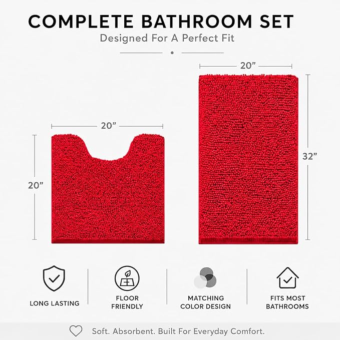 Bathroom Rugs Sets 2 Piece,Super Absorbent Soft,Thick,Machine Washable Chenille Bath Mat,Non Slip Toilet Floor Rug,Bath Mats for Bathroom,20x32 Plus 20x20 U Shape,Red
