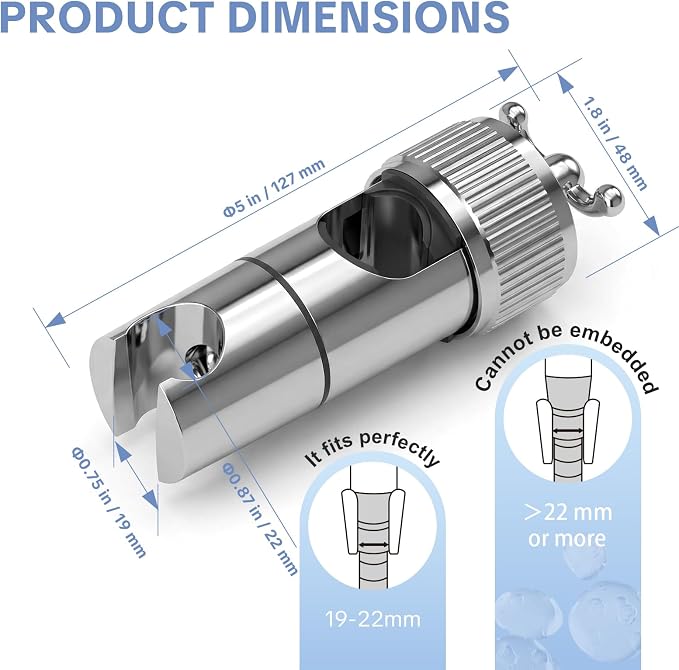 OFFO Shower Head Holder, Adjustable Handheld Shower Head Holder with 2 Hooks for 0.75-0.87 in Shower Hose, 360 Degree Rotation Shower Handle Holder for 0.63-1.1 in O.D. Shower Slide Bar, Chrome