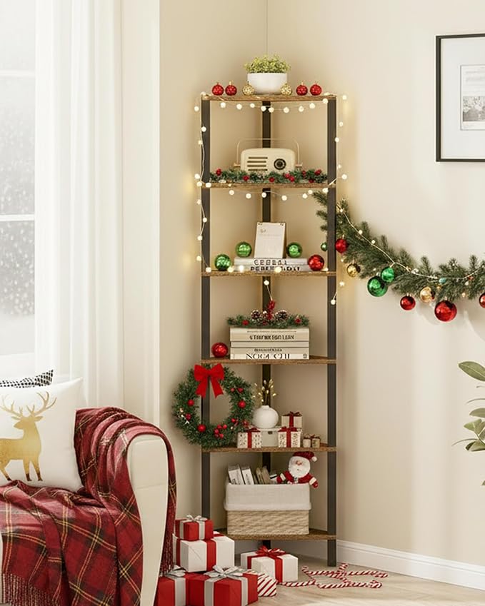 TUTOTAK Corner Shelf, 6-Tier Corner Bookshelf for Small Space, Narrow Display Corner Shelf Stand with Storage Rack, for Living Room, Bedroom, Rustic Brown BS05BB006