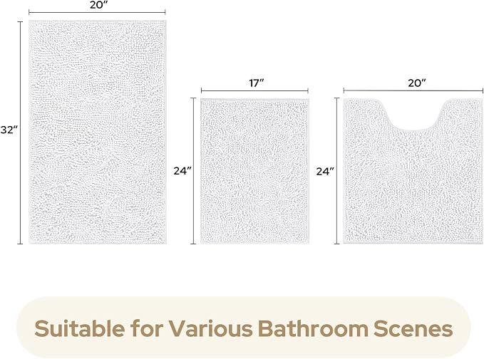 HOMEIDEAS White Chenille Bathroom Rugs Set of 3, Non Slip Bath Mat | Super Absorbent, Soft Microfiber, Machine Washable, Stain Resistant, for Bathroom Decor